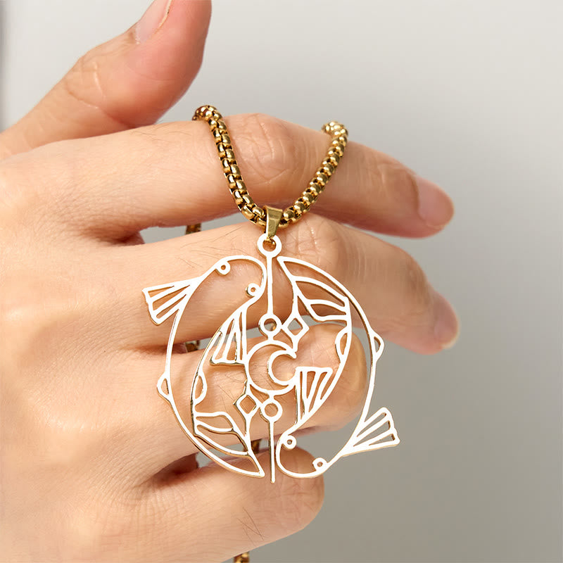 Wear FengShui Vintage Koi Fish Hollow Design Stainless Steel Luck Necklace Pendant