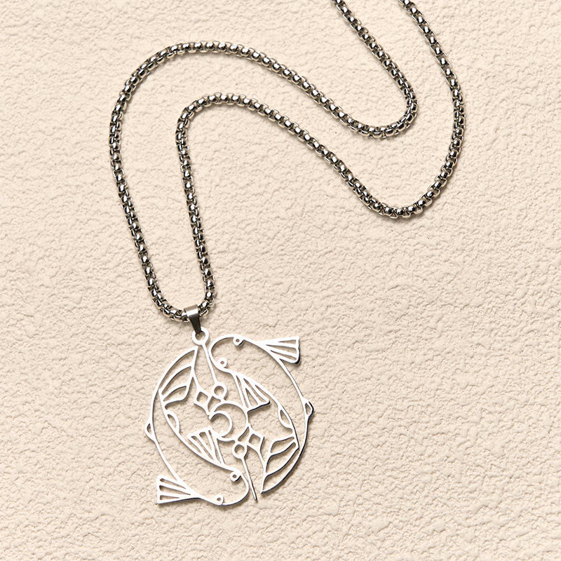 Wear FengShui Vintage Koi Fish Hollow Design Stainless Steel Luck Necklace Pendant