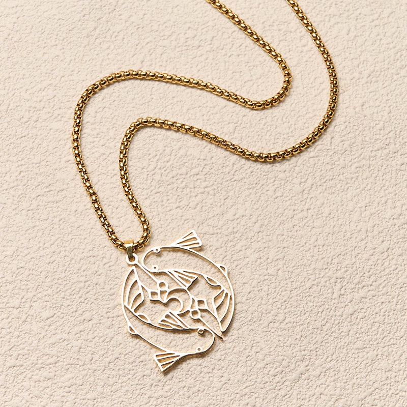 Wear FengShui Vintage Koi Fish Hollow Design Stainless Steel Luck Necklace Pendant