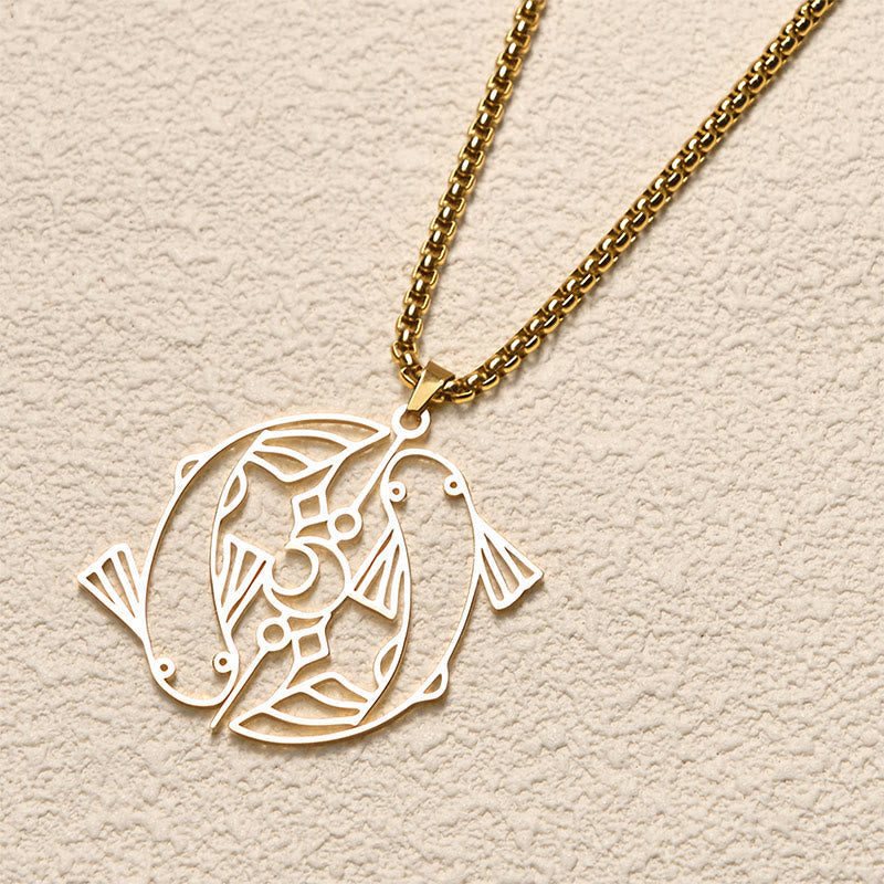 Wear FengShui Vintage Koi Fish Hollow Design Stainless Steel Luck Necklace Pendant