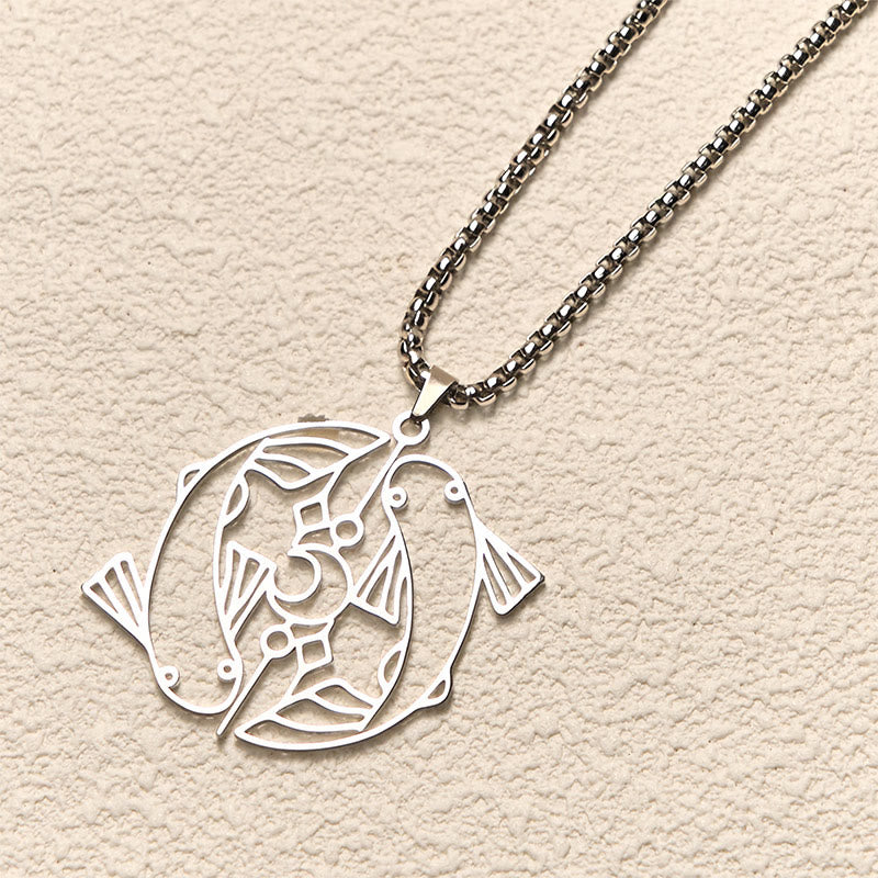 Wear FengShui Vintage Koi Fish Hollow Design Stainless Steel Luck Necklace Pendant