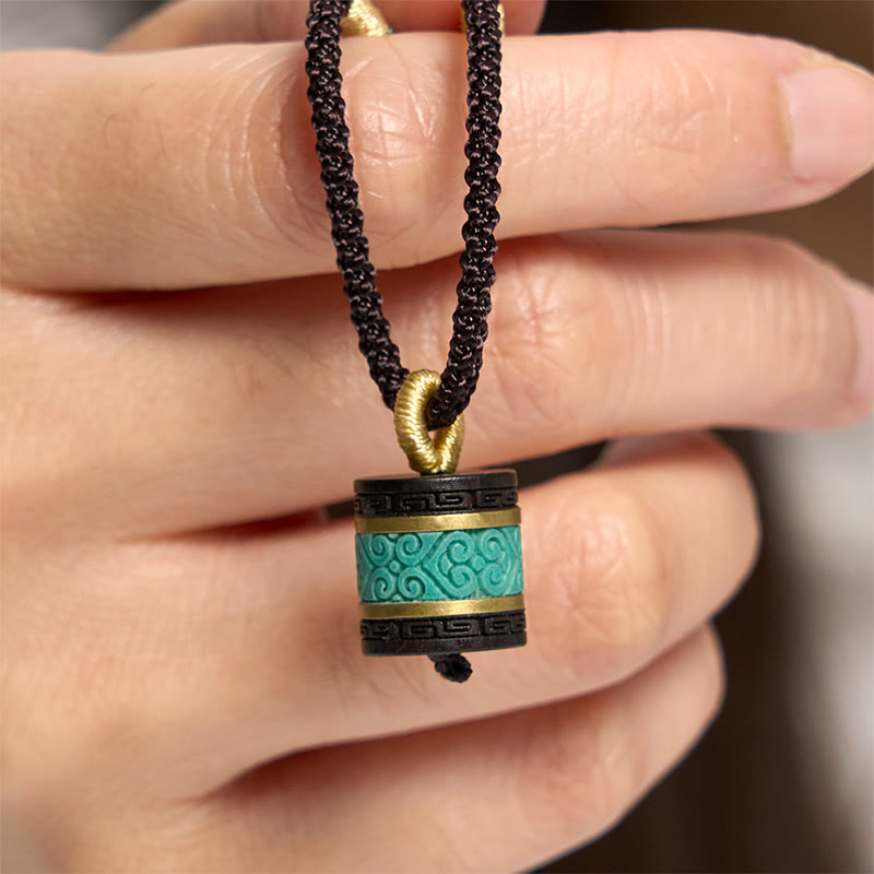Wear FengShui Ebony Wood Turquoise Cylinder Peace Necklace Pendant