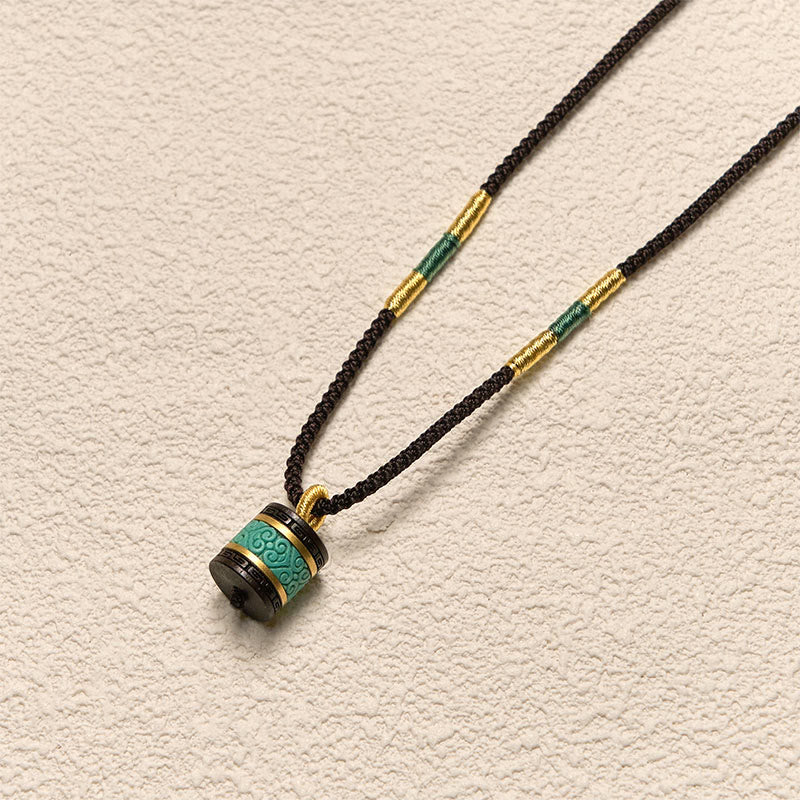 Wear FengShui Ebony Wood Turquoise Cylinder Peace Necklace Pendant