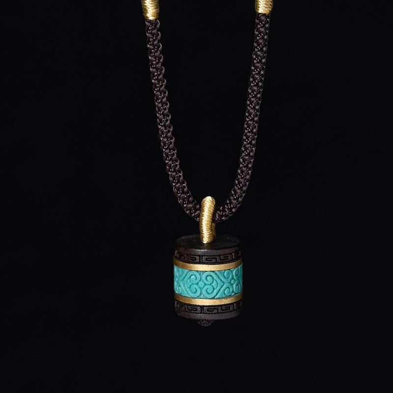 Wear FengShui Ebony Wood Turquoise Cylinder Peace Necklace Pendant