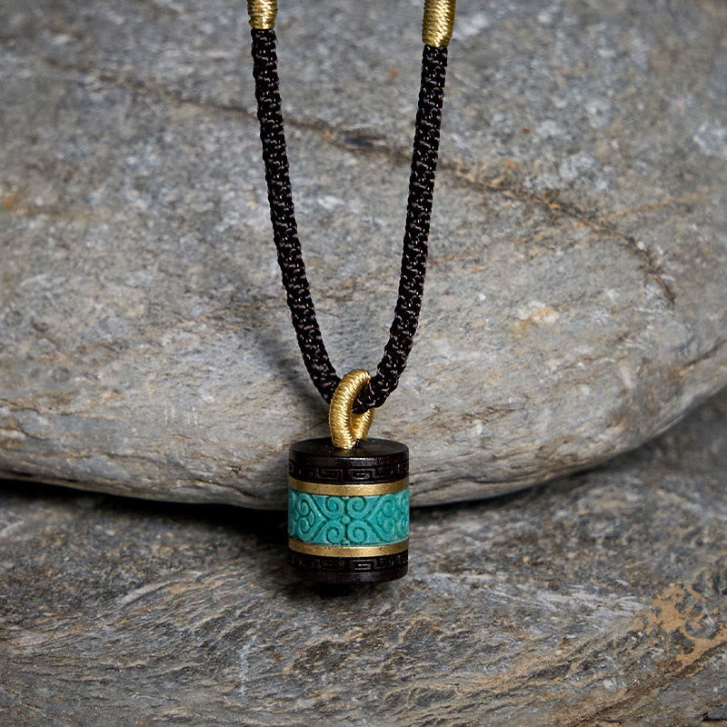 Wear FengShui Ebony Wood Turquoise Cylinder Peace Necklace Pendant