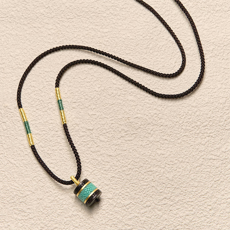 Wear FengShui Ebony Wood Turquoise Cylinder Peace Necklace Pendant
