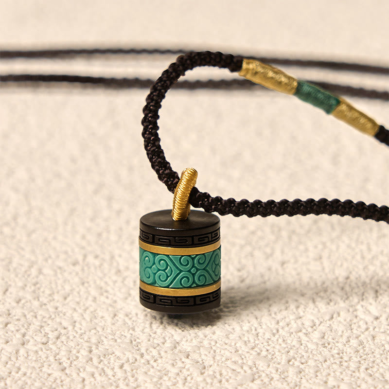 Wear FengShui Ebony Wood Turquoise Cylinder Peace Necklace Pendant