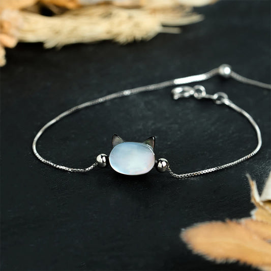 Wear FengShui 925 Sterling Silver Tridacna Stone Cat Head Blessing Chain Bracelet