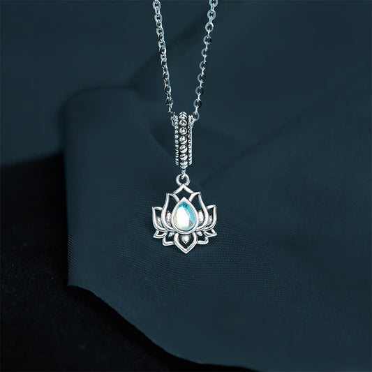 Wear FengShui 925 Sterling Silver Lotus Design Moonstone Healing Necklace Pendant