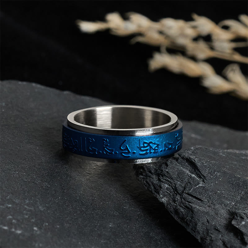 Wear FengShui Tibetan Scriptures Blue Pharmacist Mantra Titanium Steel Spinner Balance Ring