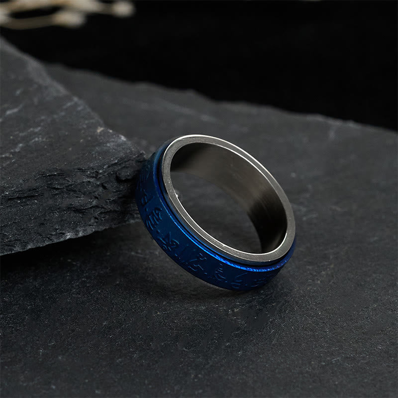 Wear FengShui Tibetan Scriptures Blue Pharmacist Mantra Titanium Steel Spinner Balance Ring