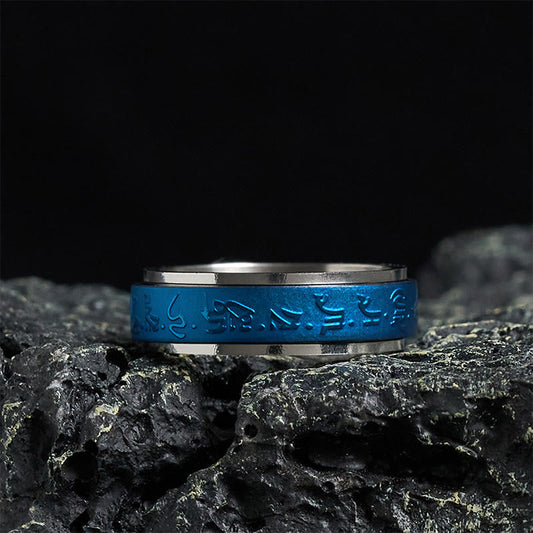 Wear FengShui Tibetan Scriptures Blue Pharmacist Mantra Titanium Steel Spinner Balance Ring
