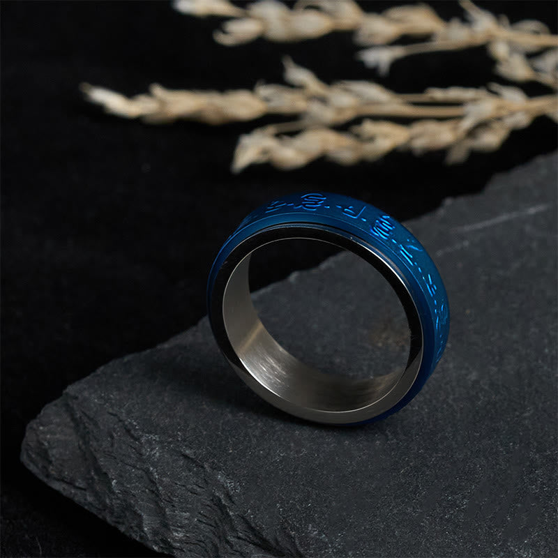 Wear FengShui Tibetan Scriptures Blue Pharmacist Mantra Titanium Steel Spinner Balance Ring