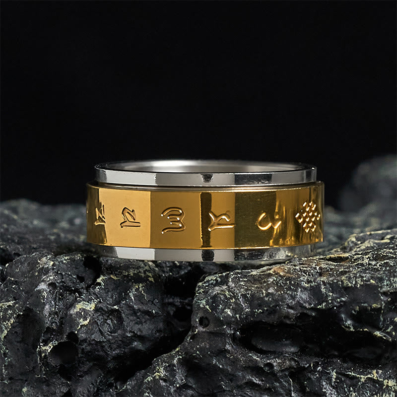 Wear FengShui Tibetan Scriptures Om Mani Padme Hum Titanium Steel Peace Ring