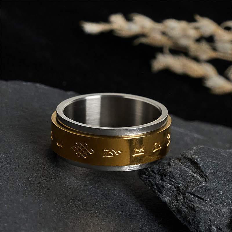 Wear FengShui Tibetan Scriptures Om Mani Padme Hum Titanium Steel Peace Ring