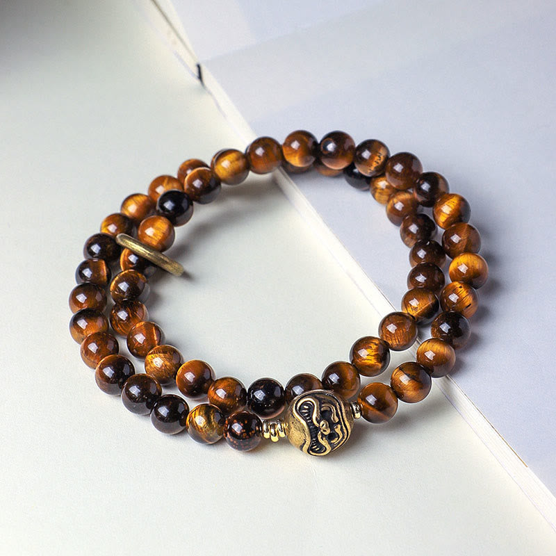 Wear FengShui Tibetan Black Obsidian Tiger Eye Copper Double Wrap Strength Bracelet