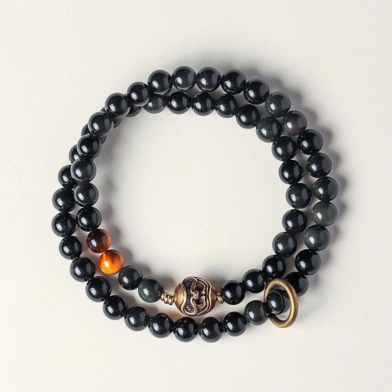 Wear FengShui Tibetan Black Obsidian Tiger Eye Copper Double Wrap Strength Bracelet