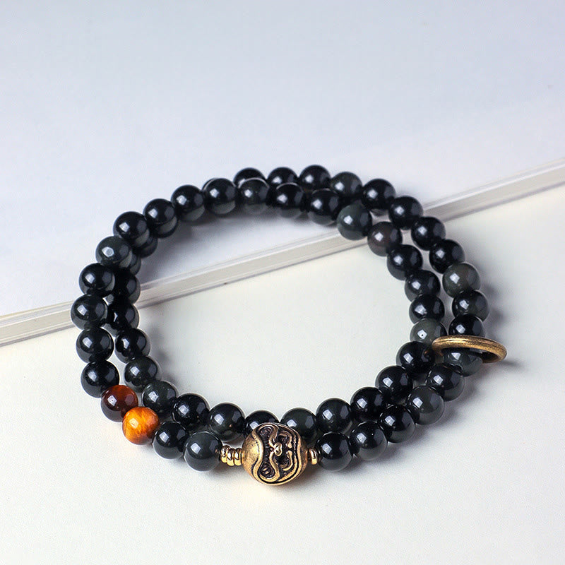 Wear FengShui Tibetan Black Obsidian Tiger Eye Copper Double Wrap Strength Bracelet