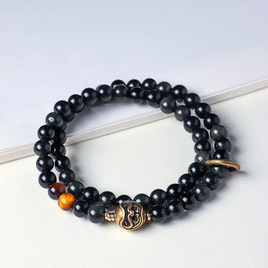 Wear FengShui Tibetan Black Obsidian Tiger Eye Copper Double Wrap Strength Bracelet