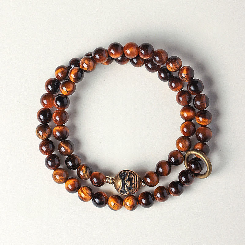Wear FengShui Tibetan Black Obsidian Tiger Eye Copper Double Wrap Strength Bracelet