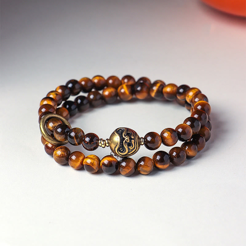 Wear FengShui Tibetan Black Obsidian Tiger Eye Copper Double Wrap Strength Bracelet