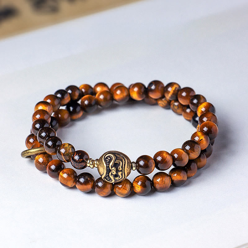 Wear FengShui Tibetan Black Obsidian Tiger Eye Copper Double Wrap Strength Bracelet
