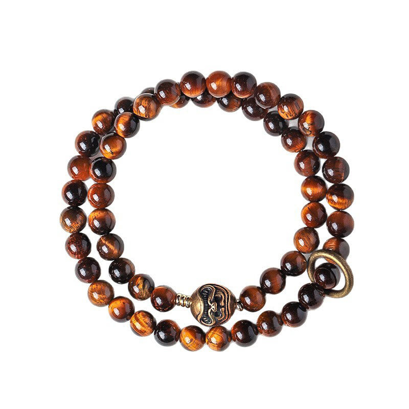 Wear FengShui Tibetan Black Obsidian Tiger Eye Copper Double Wrap Strength Bracelet