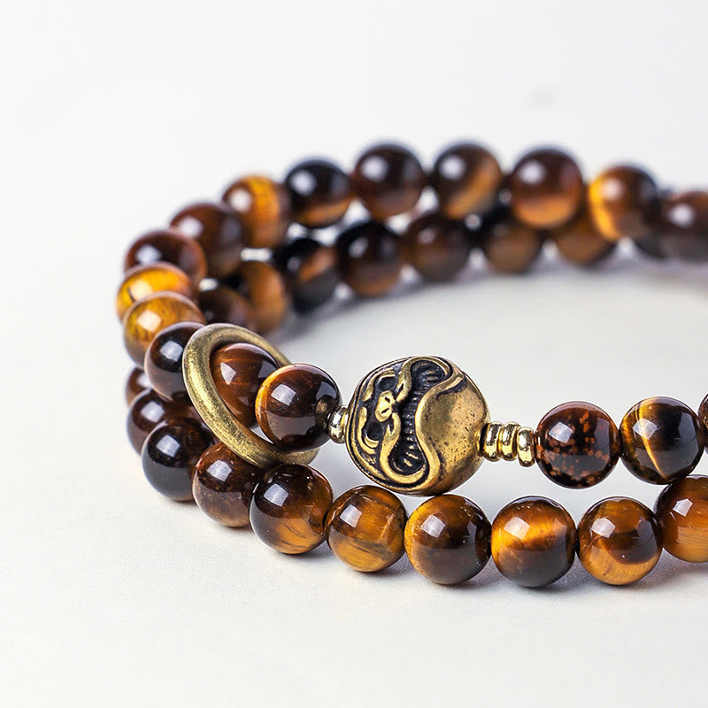 Wear FengShui Tibetan Black Obsidian Tiger Eye Copper Double Wrap Strength Bracelet
