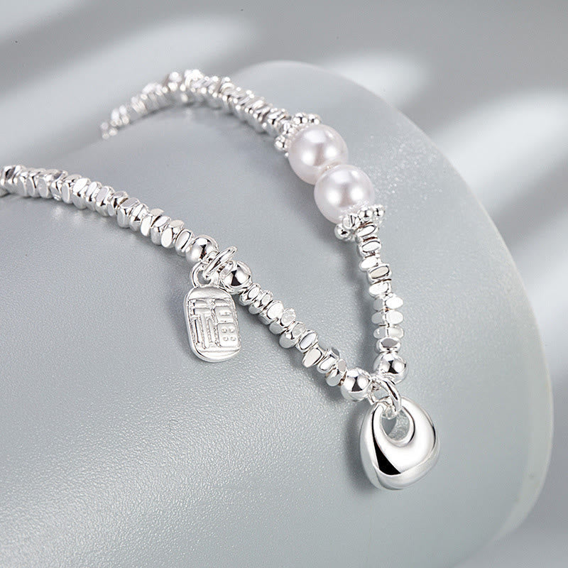 Wear FengShui Copper Plated Silver Fu Character Purse Pearl Blessing Bracelet