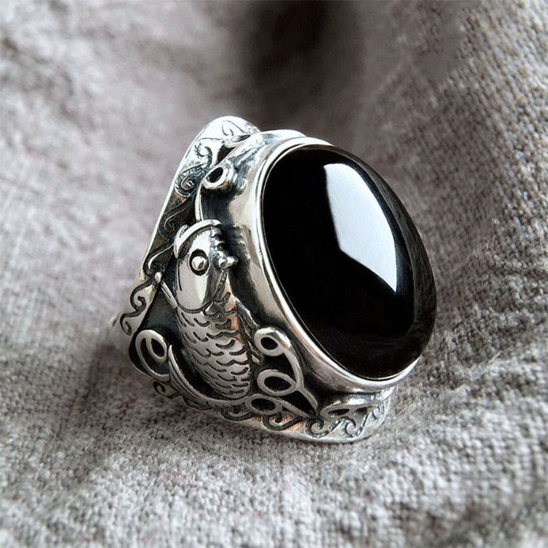 Wear FengShui Black Obsidian Koi Fish Symbol Strength Adjustable Ring