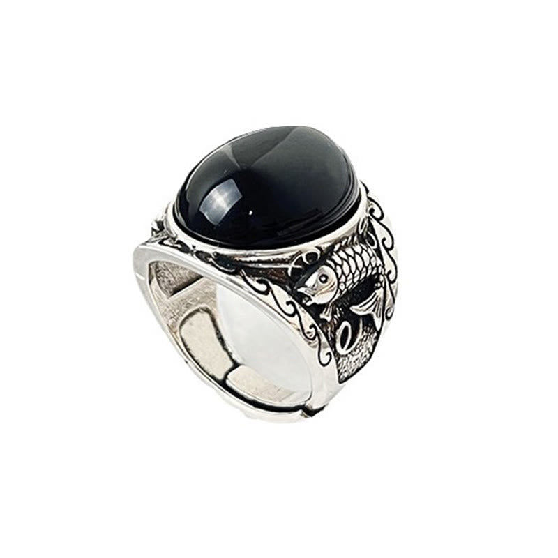 Wear FengShui Black Obsidian Koi Fish Symbol Strength Adjustable Ring