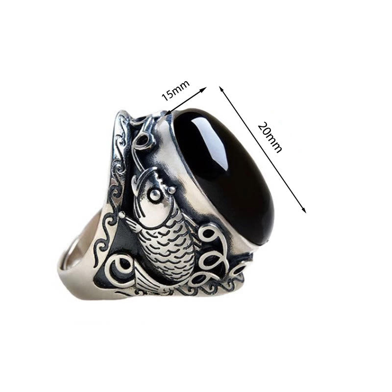 Wear FengShui Black Obsidian Koi Fish Symbol Strength Adjustable Ring