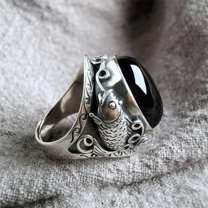 Wear FengShui Black Obsidian Koi Fish Symbol Strength Adjustable Ring