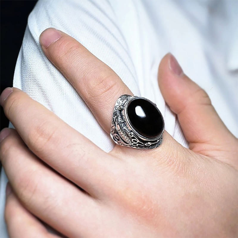 Wear FengShui Black Obsidian Koi Fish Symbol Strength Adjustable Ring