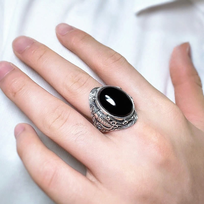 Wear FengShui Black Obsidian Koi Fish Symbol Strength Adjustable Ring