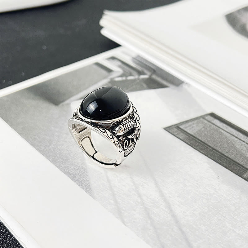 Wear FengShui Black Obsidian Koi Fish Symbol Strength Adjustable Ring