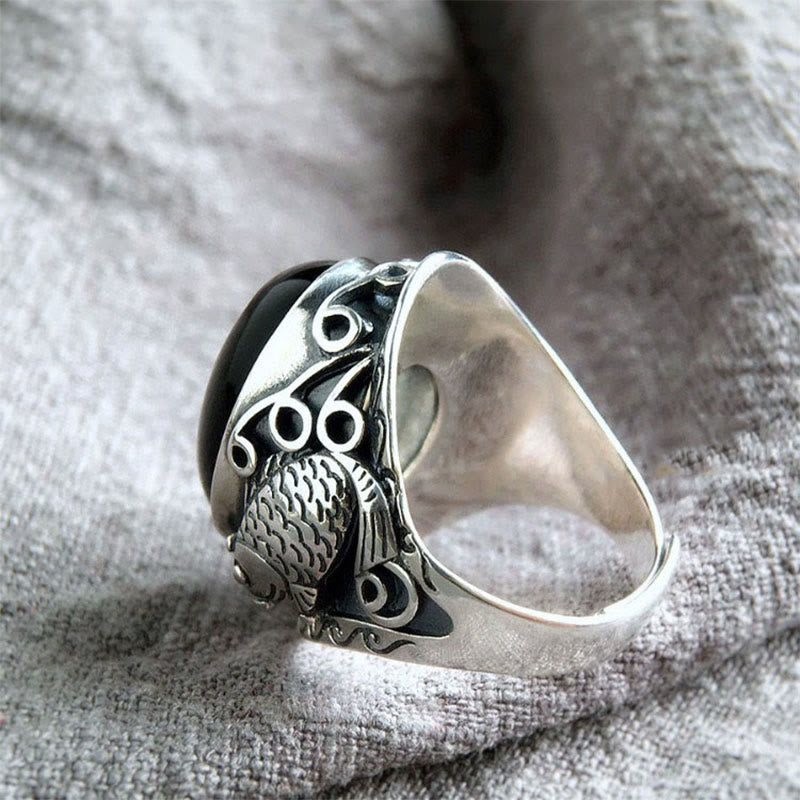 Wear FengShui Black Obsidian Koi Fish Symbol Strength Adjustable Ring