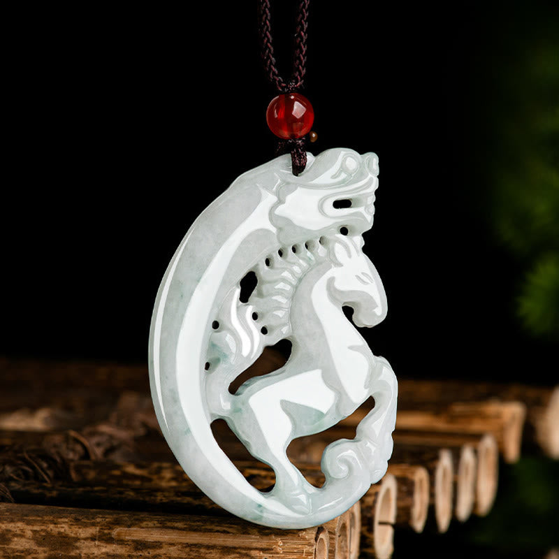 Wear FengShui Year of the Horse Dragon Jade Prosperity Rope Necklace Pendant