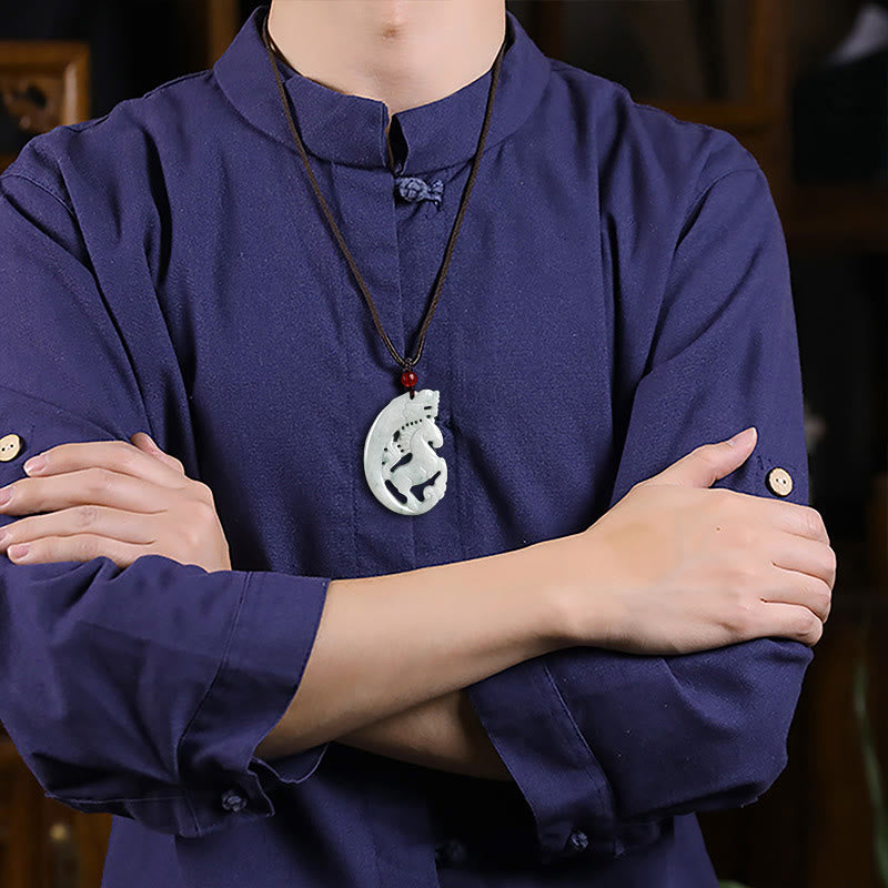 Wear FengShui Year of the Horse Dragon Jade Prosperity Rope Necklace Pendant