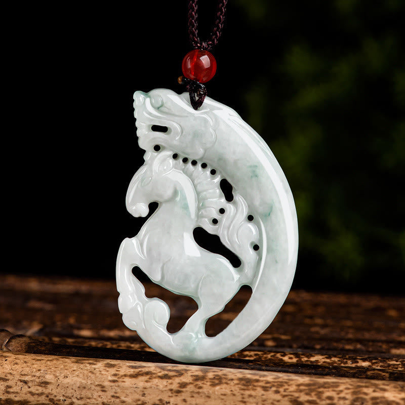 Wear FengShui Year of the Horse Dragon Jade Prosperity Rope Necklace Pendant