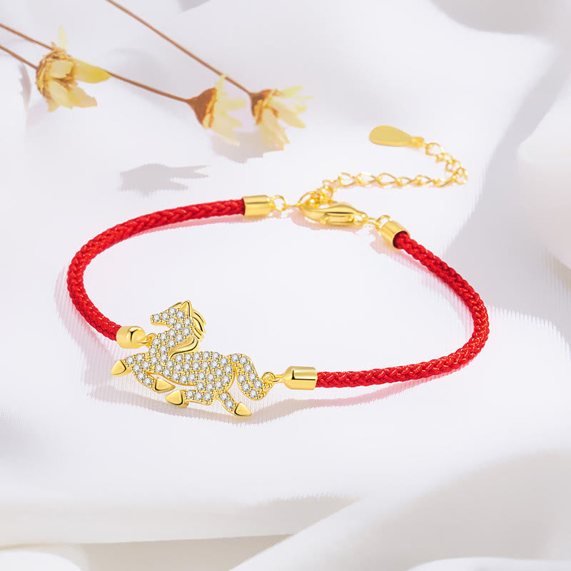 Wear FengShui 925 Sterling Silver Plated 18k Gold Red String Year Of The Horse Strength Bracelet
