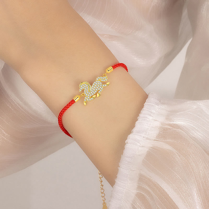 Wear FengShui 925 Sterling Silver Plated 18k Gold Red String Year Of The Horse Strength Bracelet