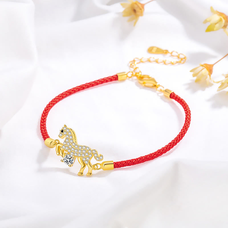 Wear FengShui 925 Sterling Silver Golden Year Of The Horse Red String Luck Adjustable Bracelet