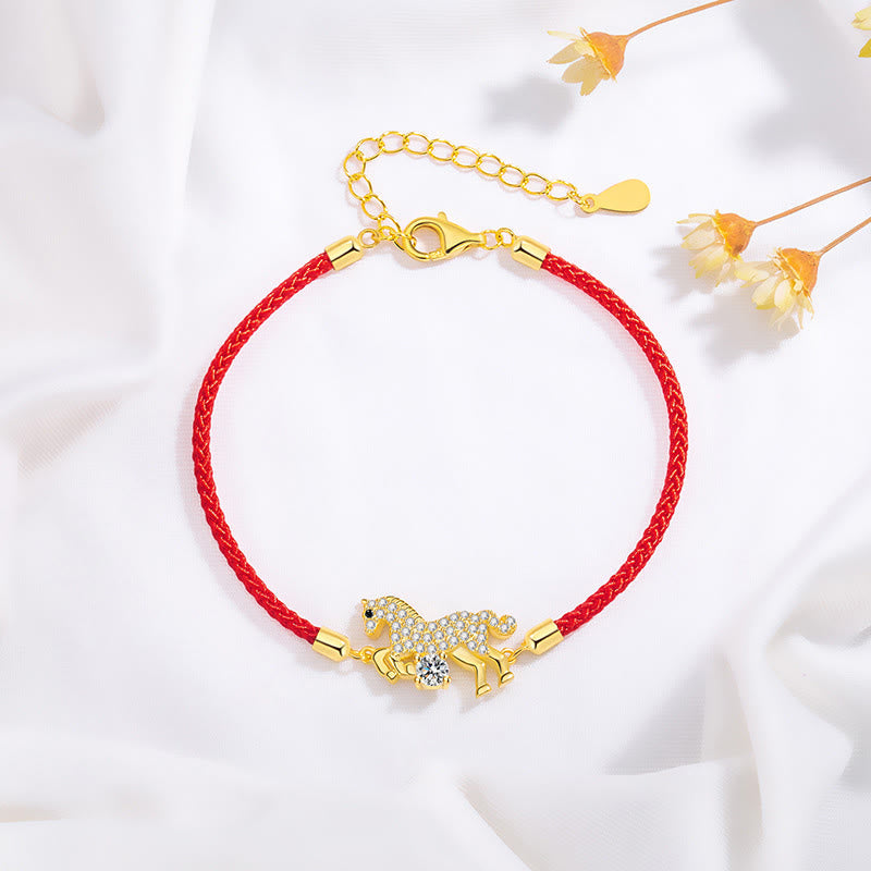Wear FengShui 925 Sterling Silver Golden Year Of The Horse Red String Luck Adjustable Bracelet