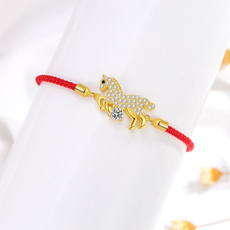 Wear FengShui 925 Sterling Silver Golden Year Of The Horse Red String Luck Adjustable Bracelet