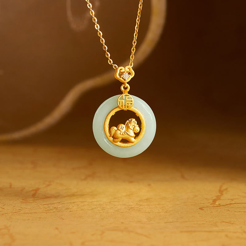 Wear FengShui 925 Sterling Silver Year Of The Horse Hetian Jade Peace Buckle Luck Necklace Pendant