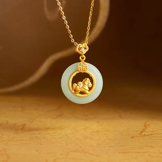 Wear FengShui 925 Sterling Silver Year Of The Horse Hetian Jade Peace Buckle Luck Necklace Pendant