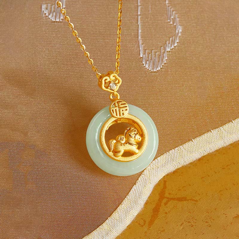 Wear FengShui 925 Sterling Silver Year Of The Horse Hetian Jade Peace Buckle Luck Necklace Pendant