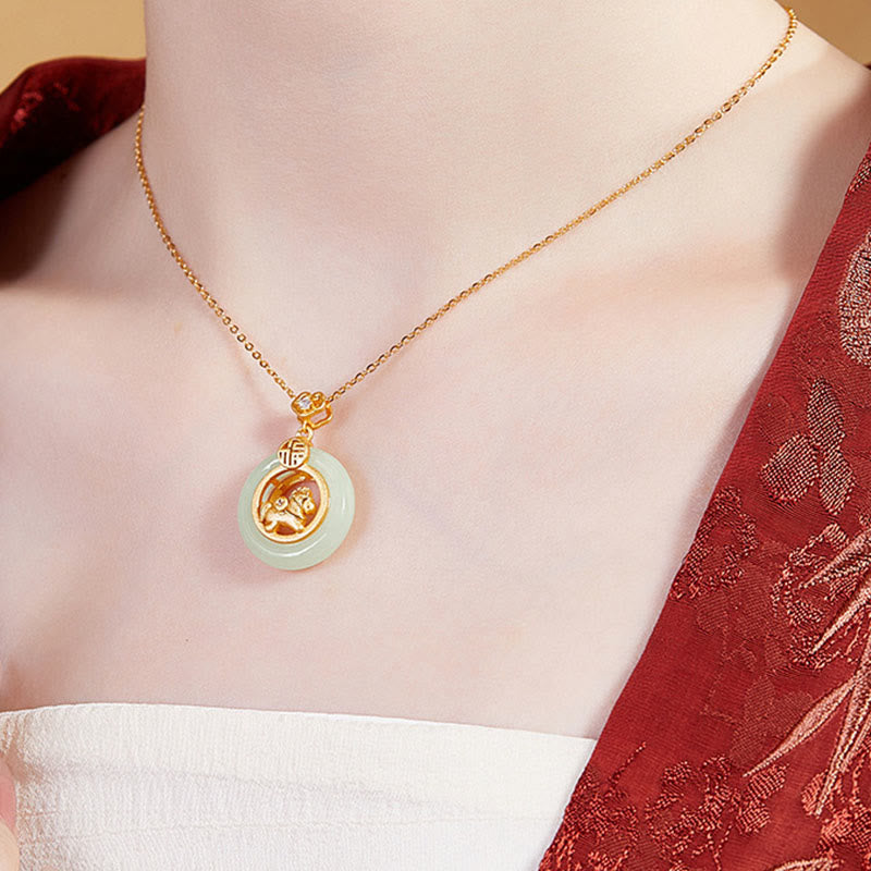 Wear FengShui 925 Sterling Silver Year Of The Horse Hetian Jade Peace Buckle Luck Necklace Pendant