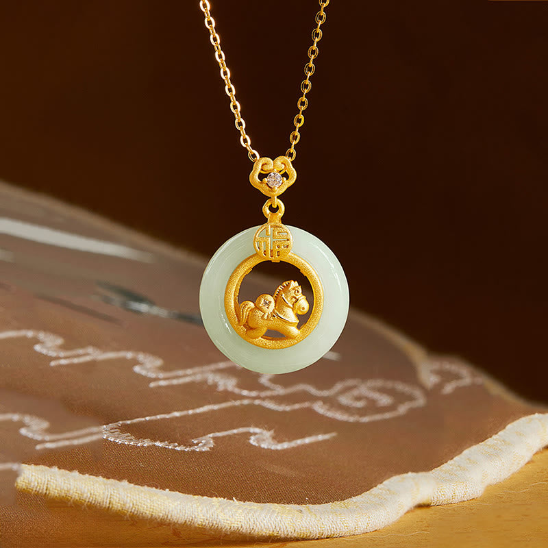 Wear FengShui 925 Sterling Silver Year Of The Horse Hetian Jade Peace Buckle Luck Necklace Pendant